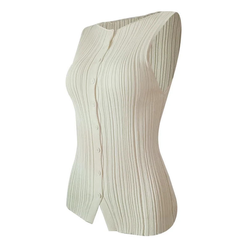 

A83F-Women Button Down Vest Ribbed Sleeveless Cardigan Tank Top Y2k Crewneck Slim Fit Knit Vest Tops Going Out Crop Top