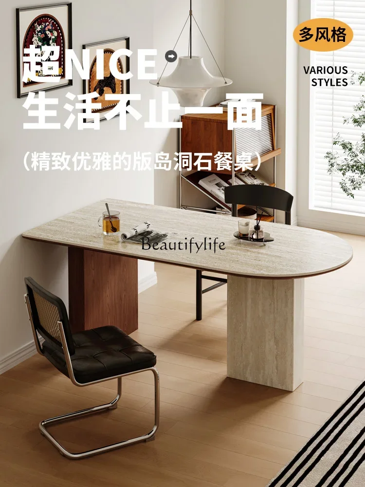 

yj32 Dining table solid wood travertine rock slab medieval island small apartment rectangular light luxury modern simplicity