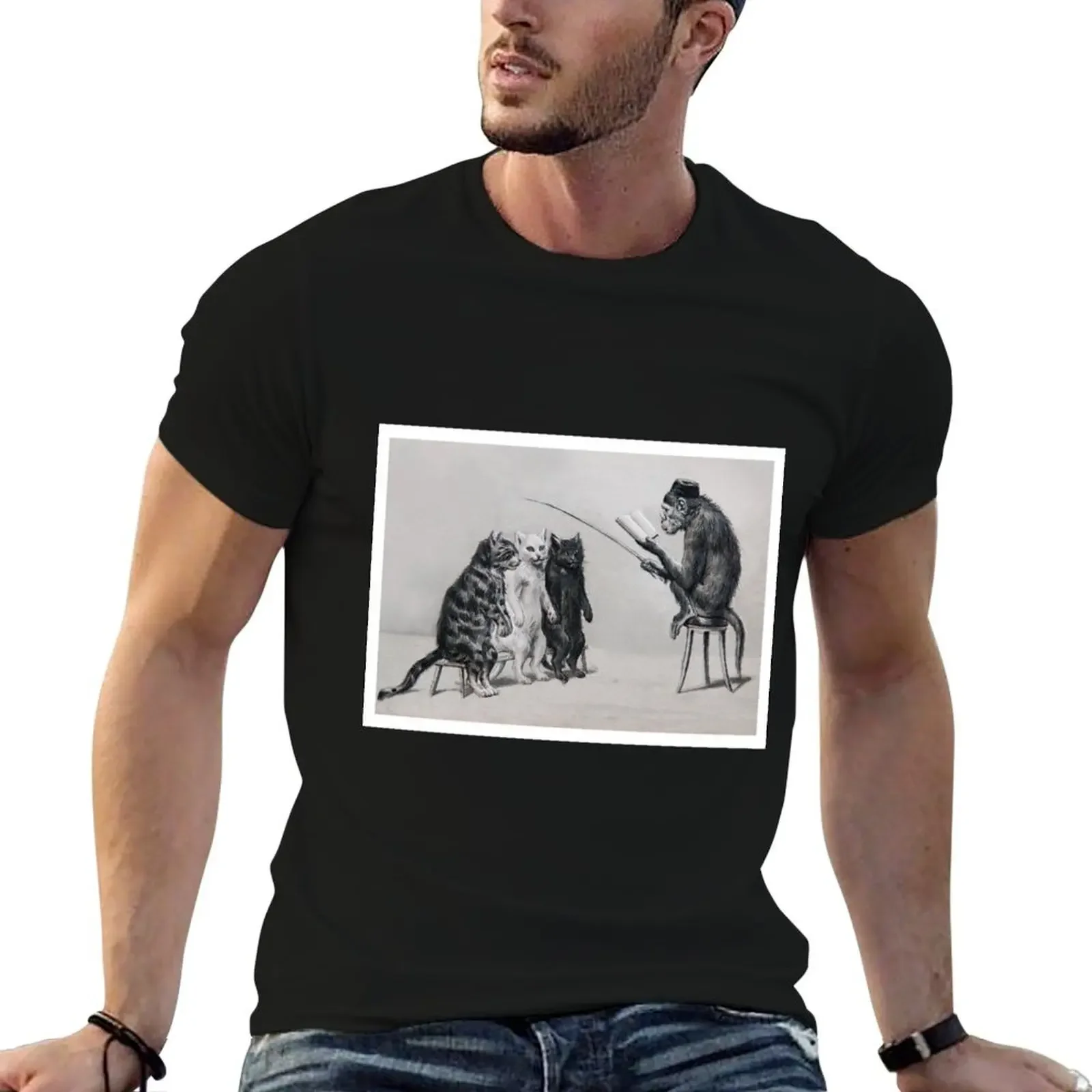 Three Cats and a Monkey Professor - Victorian Anthropomorphic Art T-Shirt anime clothes for a boy cotton t shirt men