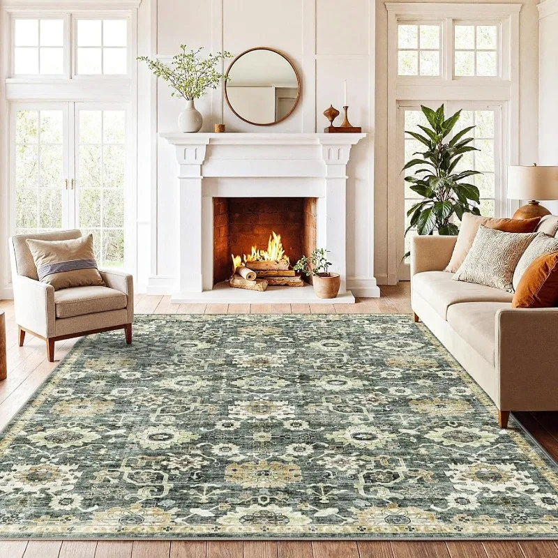 Vintage Persian Blue & White Pattern Large Rug American Classical Carpet For Living Room Non-Slip Machine Washable Floor Mat