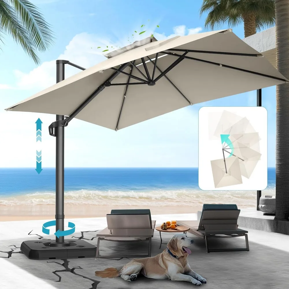 مظلة ناتئ مطورة بطول 10 × 10 أقدام مع سطح مزدوج، ودوران 360 درجة وتعديل 5 زوايا - ألومنيوم