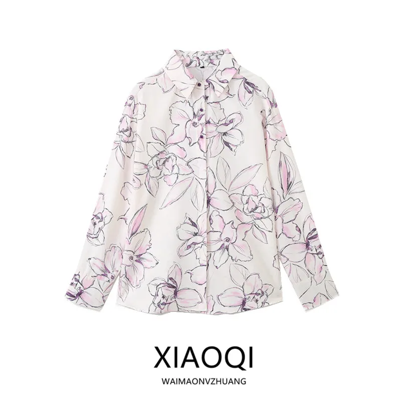 

Spring 2024 Women's Simple Floral Print Silk Satin Feel irt Long Sve Straight Cut Versatile Sle Quali Material