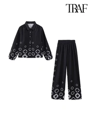 TRAF Women Fashion Retro Casual Embroidery Set Single-breasted Lapel Shirt + Wide-leg Pants Two-piece Personalized Commuter Suit