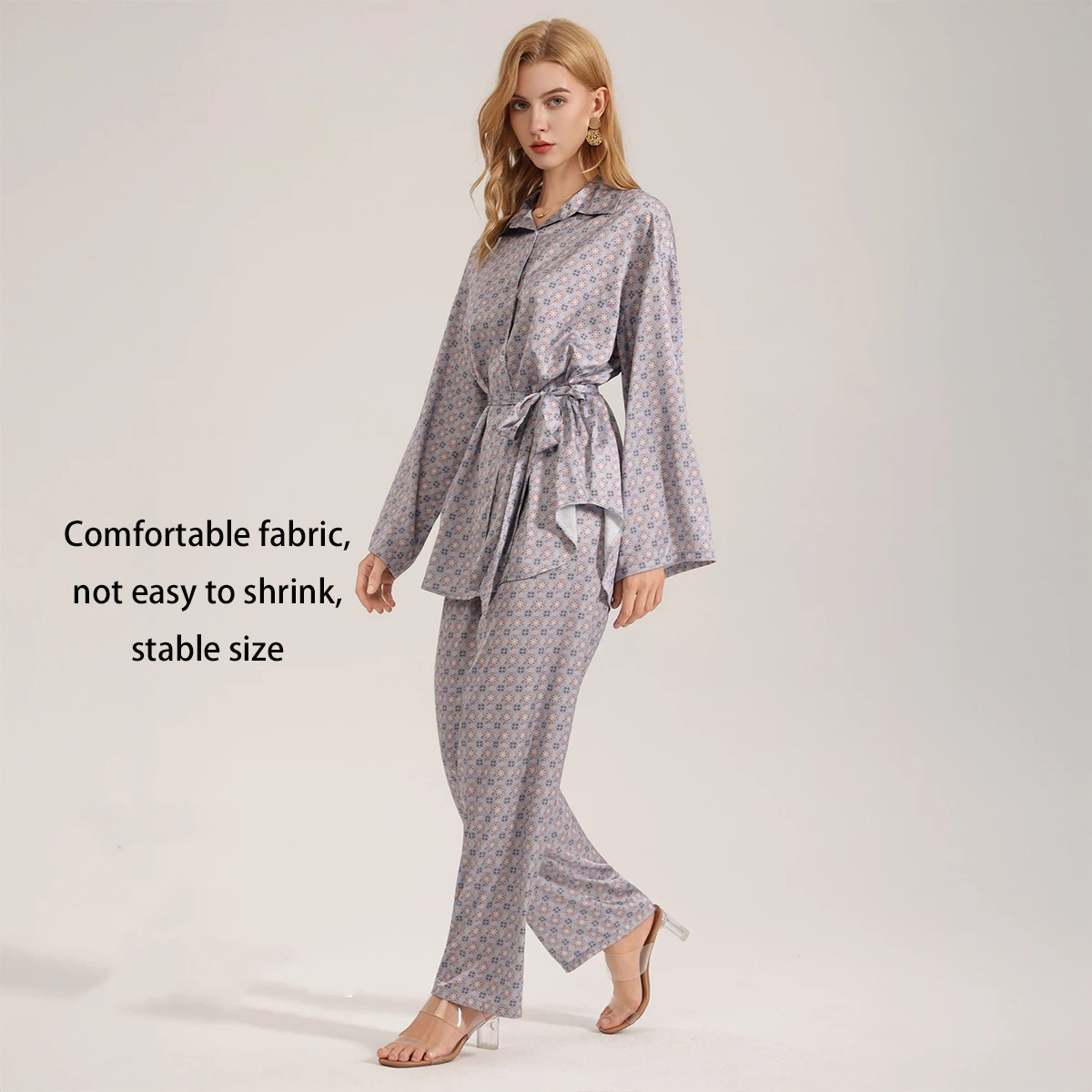Summer Pajamas For Women Satin Chiffon Printed Pajamas Long Sleeve Trousers Suit Women's Light Luxury Pajamas 2PCS Home Clothes