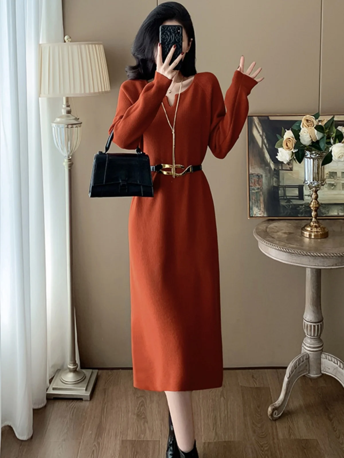 

Красное вязаное длинное платье женское с завышенной талией, облегающее, миди, осенне-зимнее, модное, элегантное, в уличном стиле, европейский дизайн