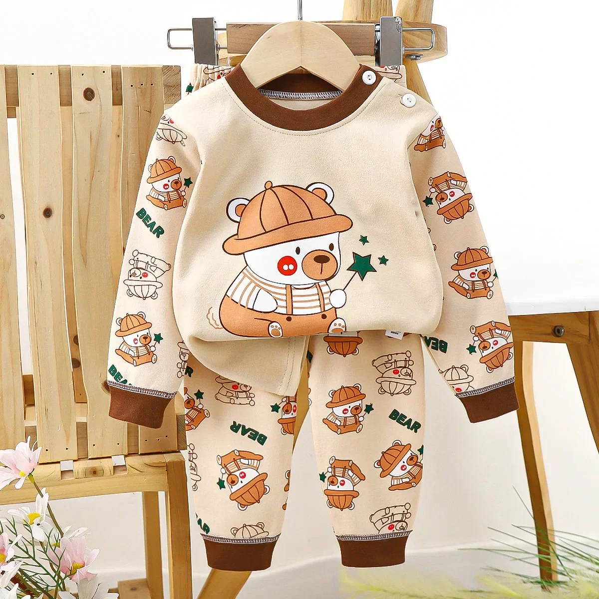 Kids Pure Cotton Pajamas Boys Cute Cartoon Bear Long Sleeve T-Shirt Tops with Pants Toddler Baby Autumn Sleepwear Clothing Sets