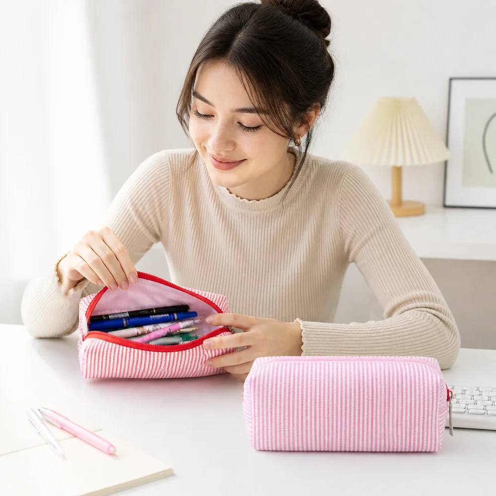 New Stripe Pattern Pen Pouch Multi-Purpose Large Capacity Pen Bag Zipper Closure Durable Stationery Storage Bag Home Storage