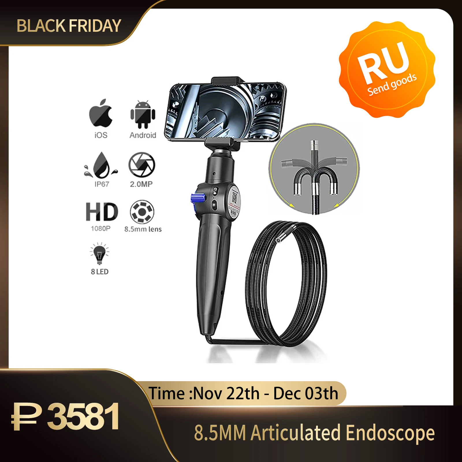 360° Two-Way Rotary Articulating Endoscope Camera HD 1080P Car Inspection Industrial Endoscope With 8 LED For Engine Inspect