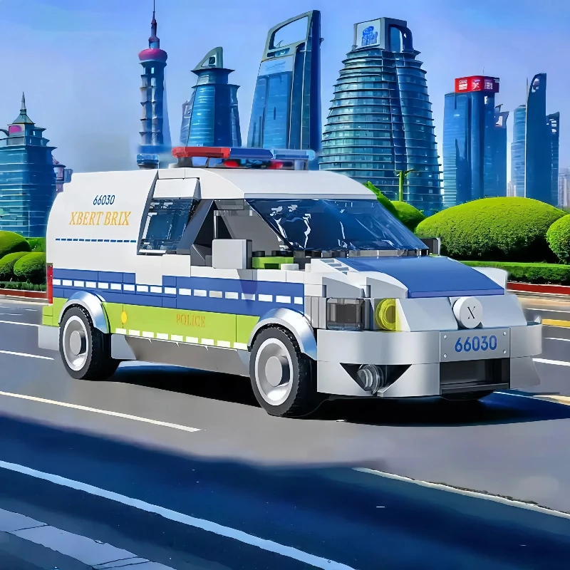 Ein Satz von 430er City-Polizeiauto-Bausteinspielzeugen, mit kleinen Teilen zum Zusammenbauen, geeignet als Kinderbaupuz