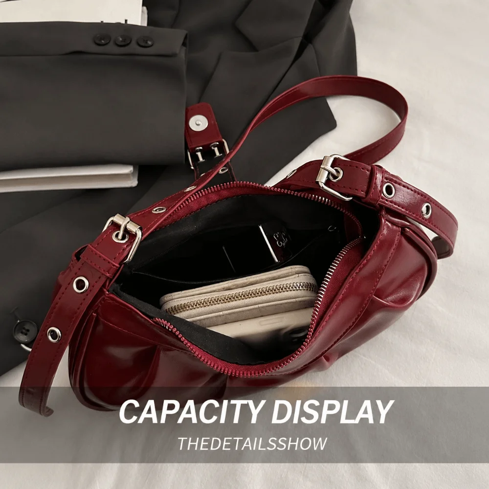 Vintage PU Leather Shoulder Bag Large Capacity Burgundy Color Crossbody Bag Buckle Design Armpit Bag Women