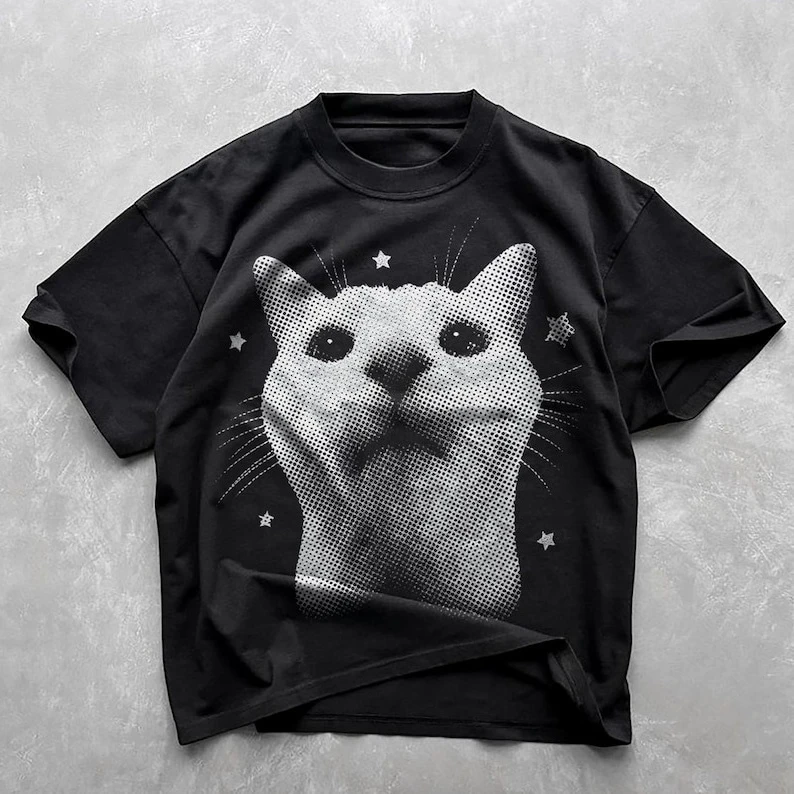 面白いY2K風の面白い猫プリントコットンTシャツ、90年代レトロ子猫ヴィンテージグラフィックTシャツ、猫好きへのギフト、ミームTシャツ、男女兼用トップス