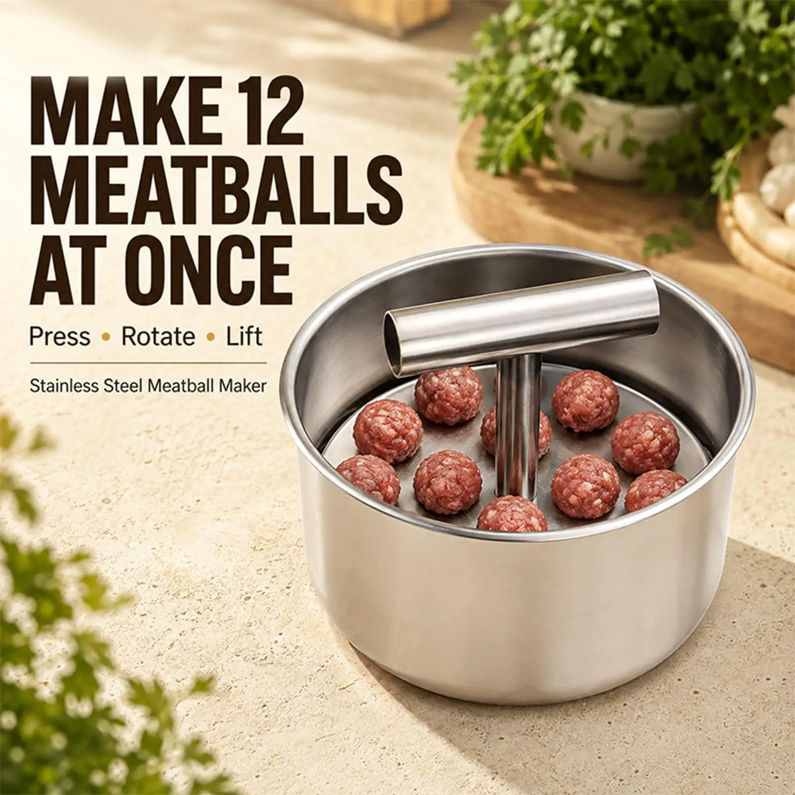 12 Balls Meatball Maker Tool Stainless Steel Non Slip T Handle Manual Press Meatball Mold for Beef Shrimp Fish Vegetable Home