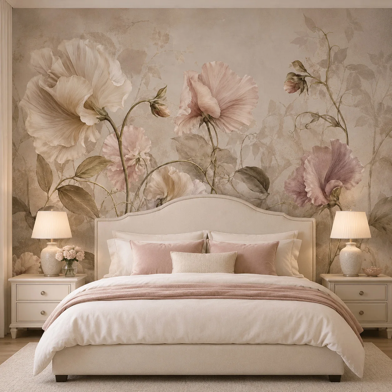 Vintage Oversized Floral Wallpaper Mural Beige Blush Botanical Wall Art Luxury Living Room Decor Non Self Adhesive Glue Required