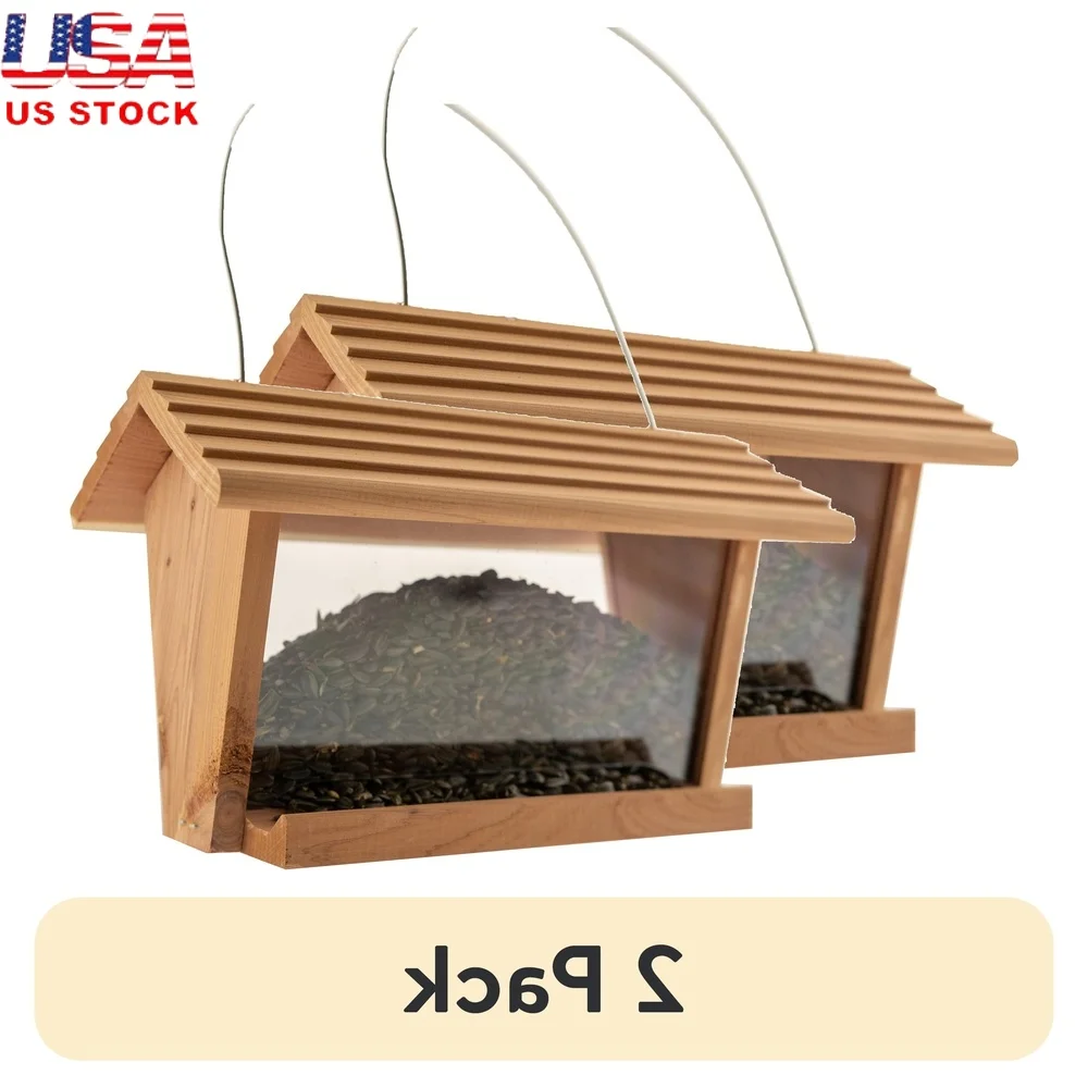 

2 Pack Red Cedar Hopper Bird Feeder Squirrel Proof 3lb Capacity Weather Resistant Easy Fill Handmade Cardinals Finches Blue Jays