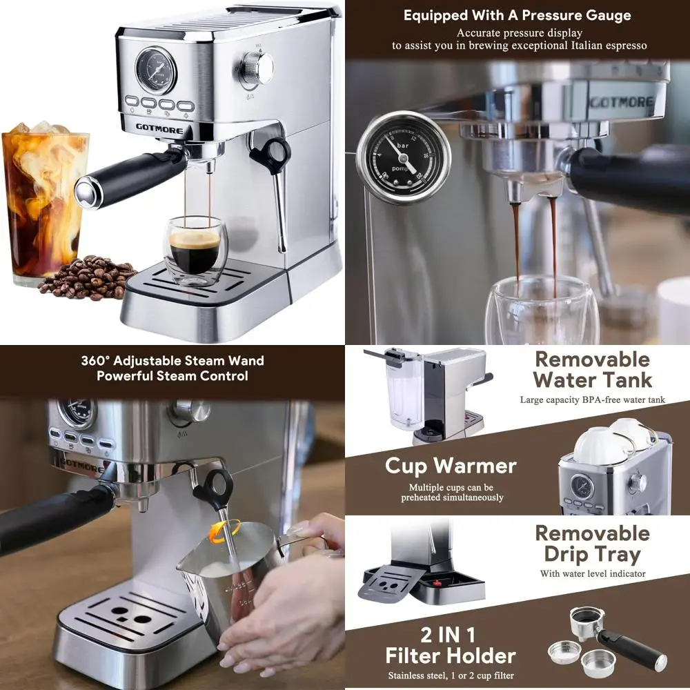 

Espresso Coffee Maker with Milk Frother for Latte and Cappuccino, Compact Design, 33oz Water Tank, Ideal Home Gift for Coffee En