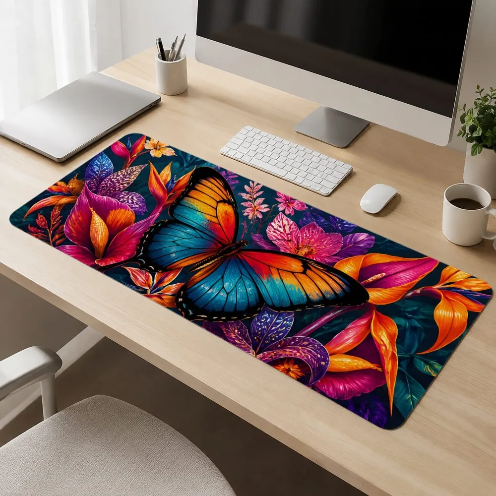 Decorated with bright butterfly and tropical flower patterns, with a non-slip base, an office mouse pad, and a decorative item