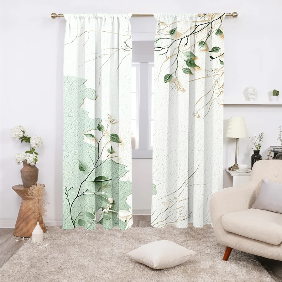 2PCS, Multicolor, Textured Branch and Leaf Print Curtains, for Bedroom and Living Room, Rod Pocket Style