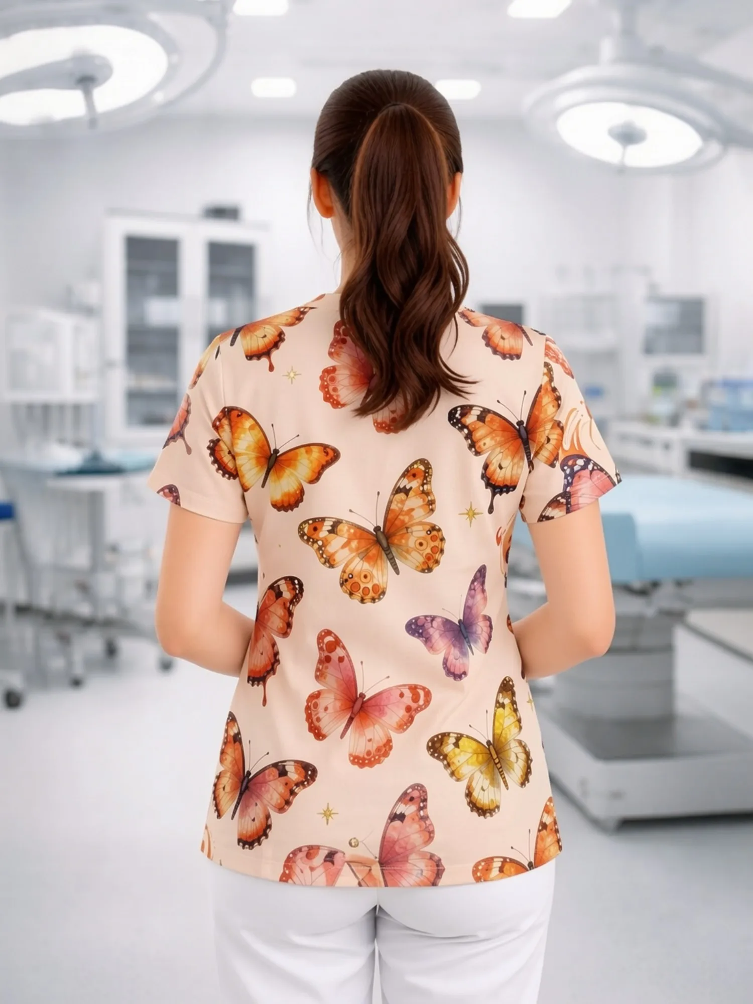 Womens V Neck Nurse Scrub Top Neat Short Sleeve Fresh Print Work Pockets Work Fit Uniform Shirt For Dental Clinic Calm Duty Wear - view 2