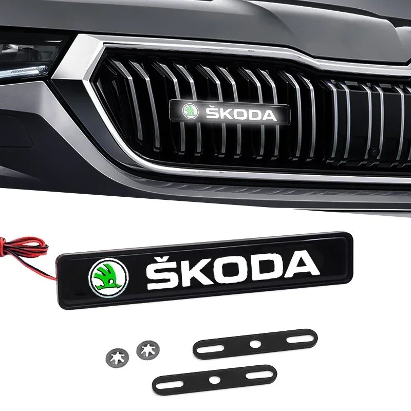 1/2PCS Car Decorative Light LED Front Hood Grille Emblem Badge Decor For Skoda Octavia Fabia RS Kamiq Kodiaq Rapid SCALA Superb