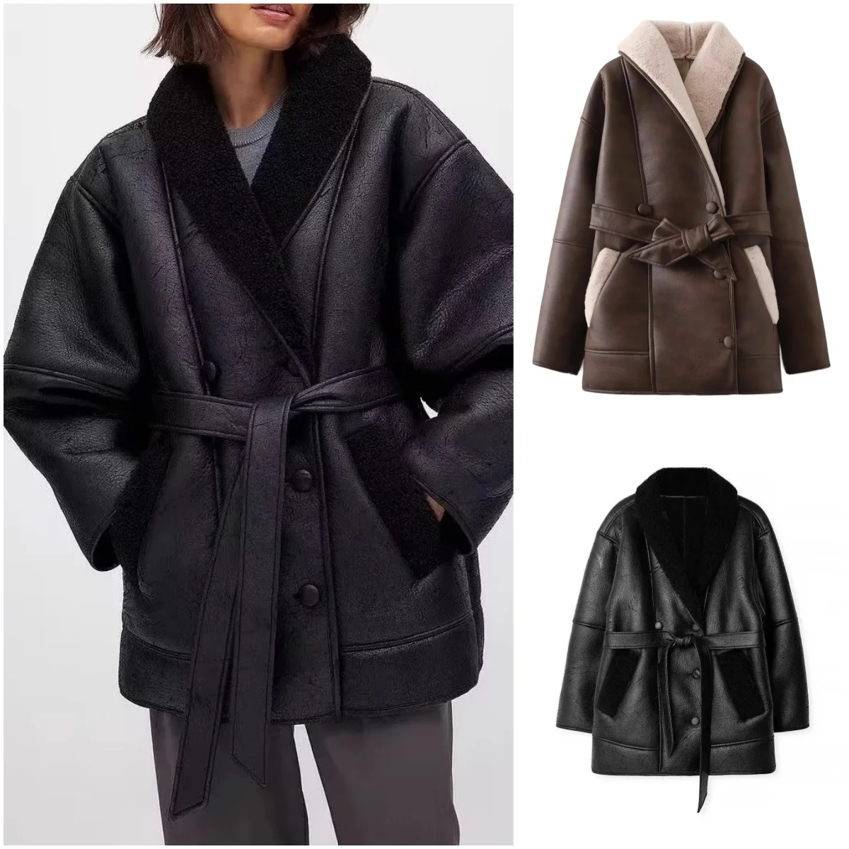 ربيع جديد المرأة فضفاضة طويلة Sve طوق بولي Leather الجلود الفراء Jaet منتصف طول معطف تخفيف Sle Thiened ألياف البوليستر