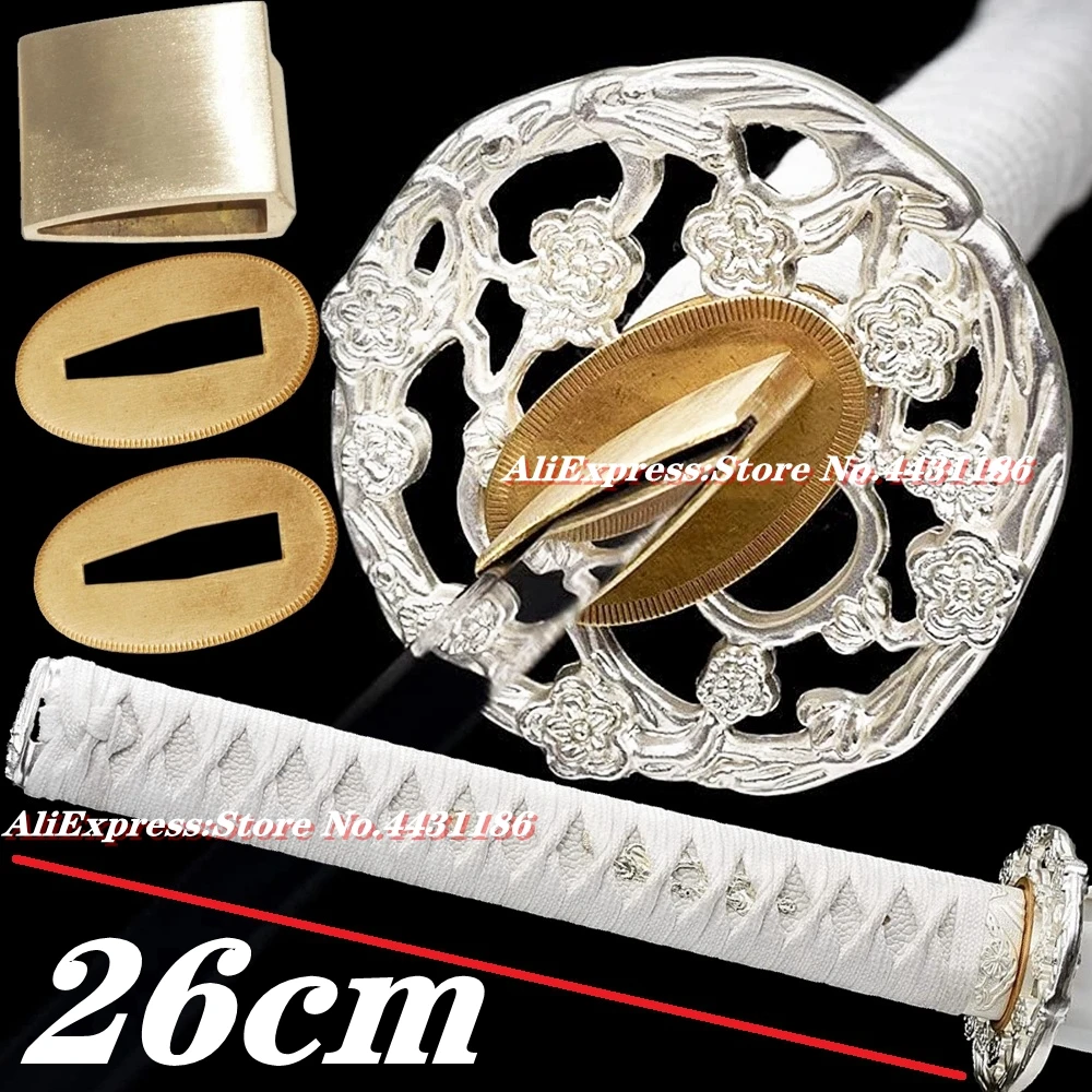 26CM*White Ito Handle Katana Tsuka Japanese Sword Fittings Set Alloy Tsuba+ Menuki+Fuchi+Kashira+Habaki+Seppa Metal Accessory