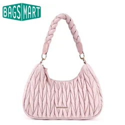 BAGSMART Women's Hobo Bag Fluffy Crescent Shoulder Bag with Woven Top Handle Quilted Down Small Purse Perfect for Casual