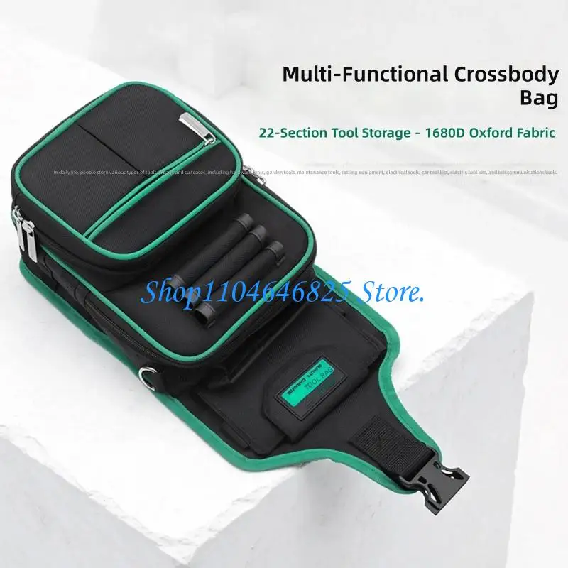 Tool Storage Shoulder Bag with Outer Carry Sleeves and Front Pocket Sections, Tool Bag for Service Visits, Home Repair, and DIY
