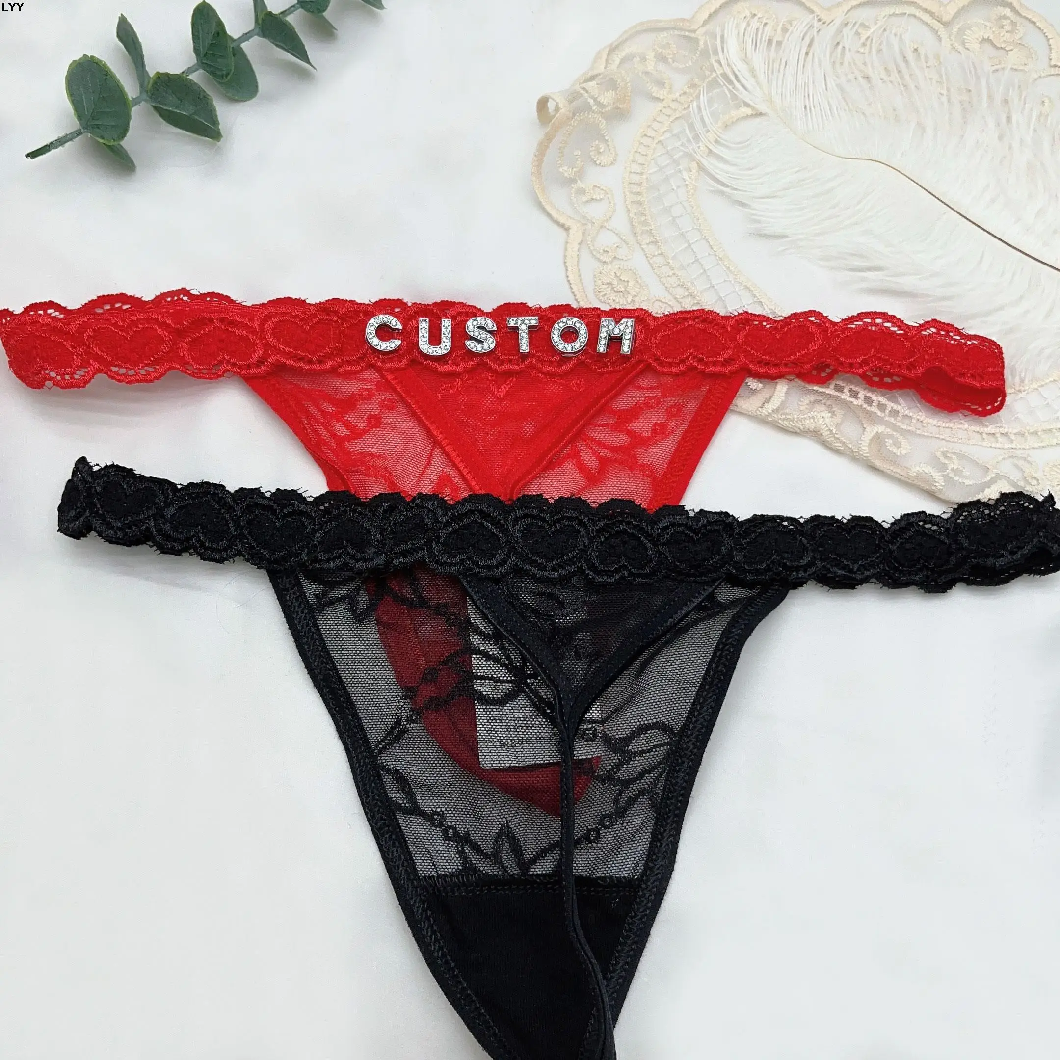 Tanga con nombre personalizado para mujer, ropa interior de Bikini con letras de cristal, bragas de encaje sexys, regalos de moda, 2 unids/set, 2023