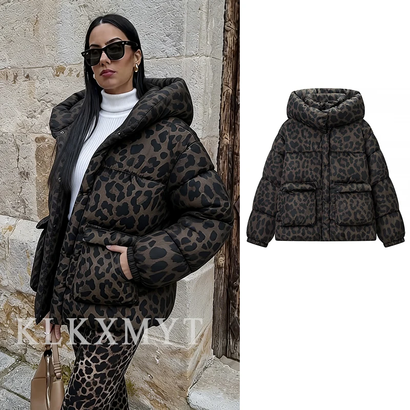 

2026 European and American Style Leopard Print Parker Coats For Women Winter Spring New Chic Eegant Hooded Long Sleeves Coats