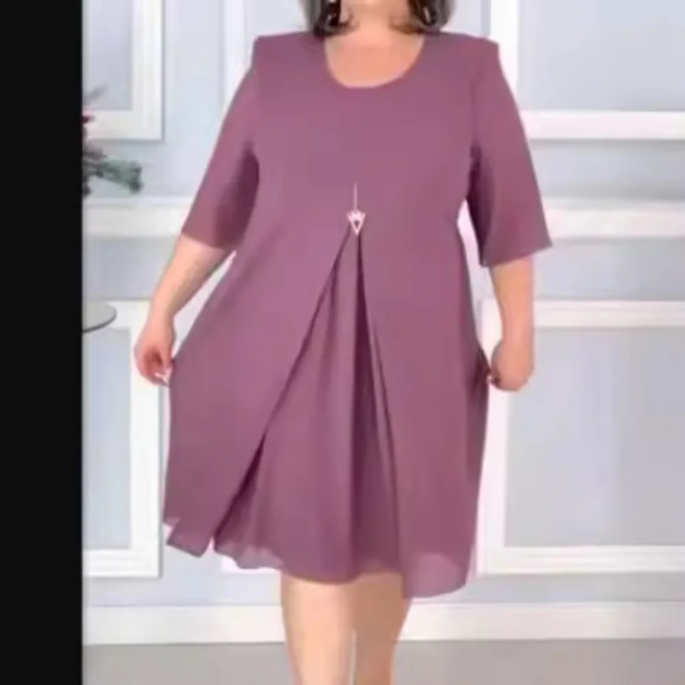 

Spring Summer Fashion Solid Color Chiffon Dress Women Round Neck Short Sleeve High Waisted Dress Elegant Commuting Dress Women