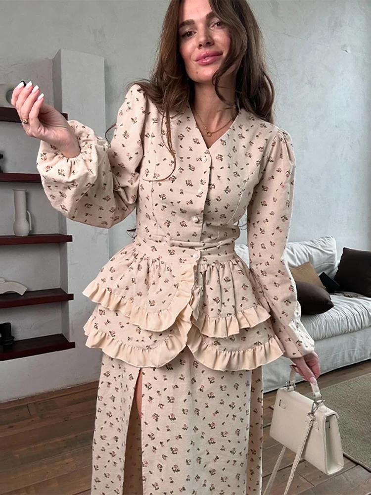 

Print Ruffled Peplum Waist Dress Women Two-Piece Set V-neck Long Sleeve Button Side Split Dresses 2026 Spring Lady Party Suits