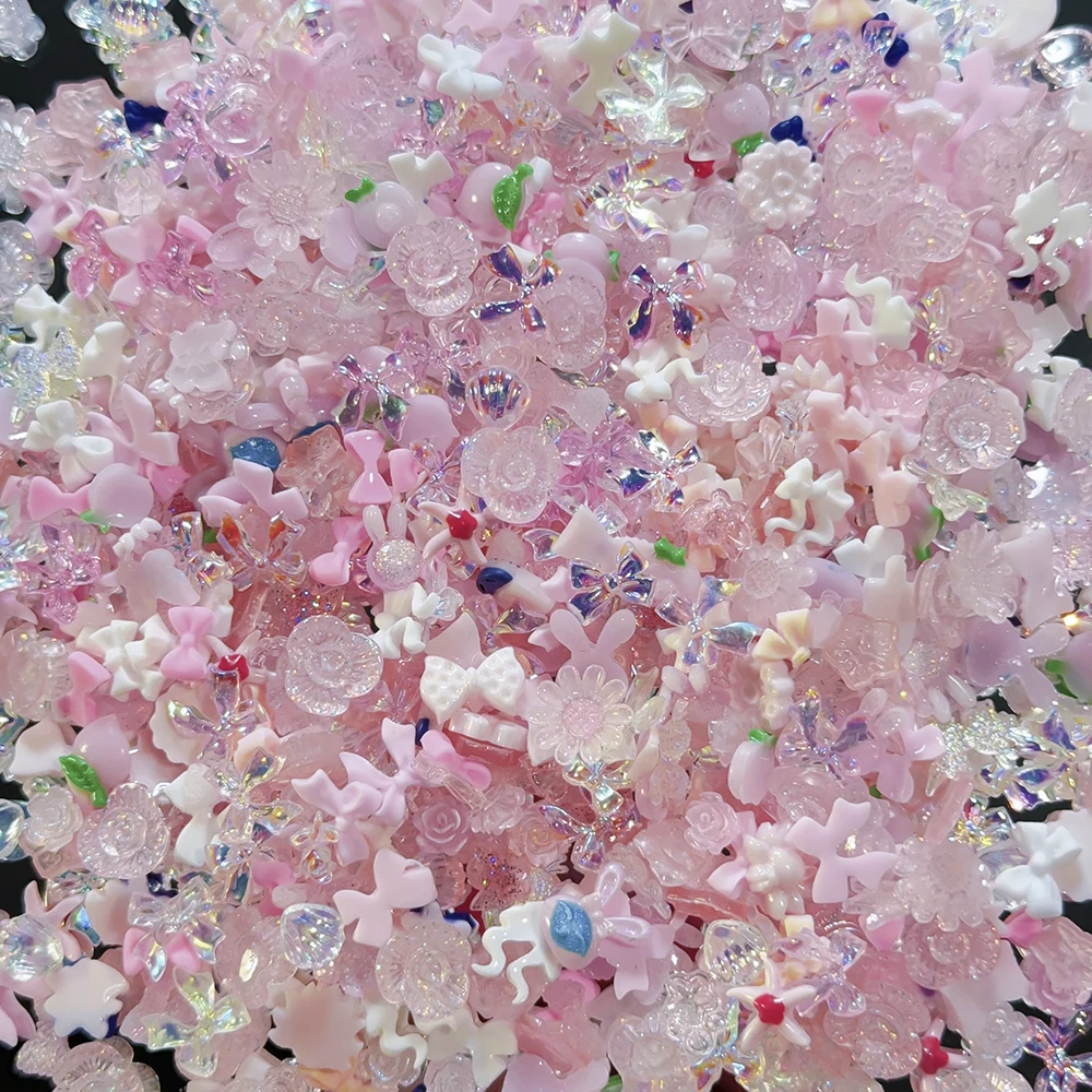    500-600 pièces mélange résine arc ongles accessoires Kawaii rose/bleu/jaune ruban nœud papillon fleur Nail Art breloques bricolage décor