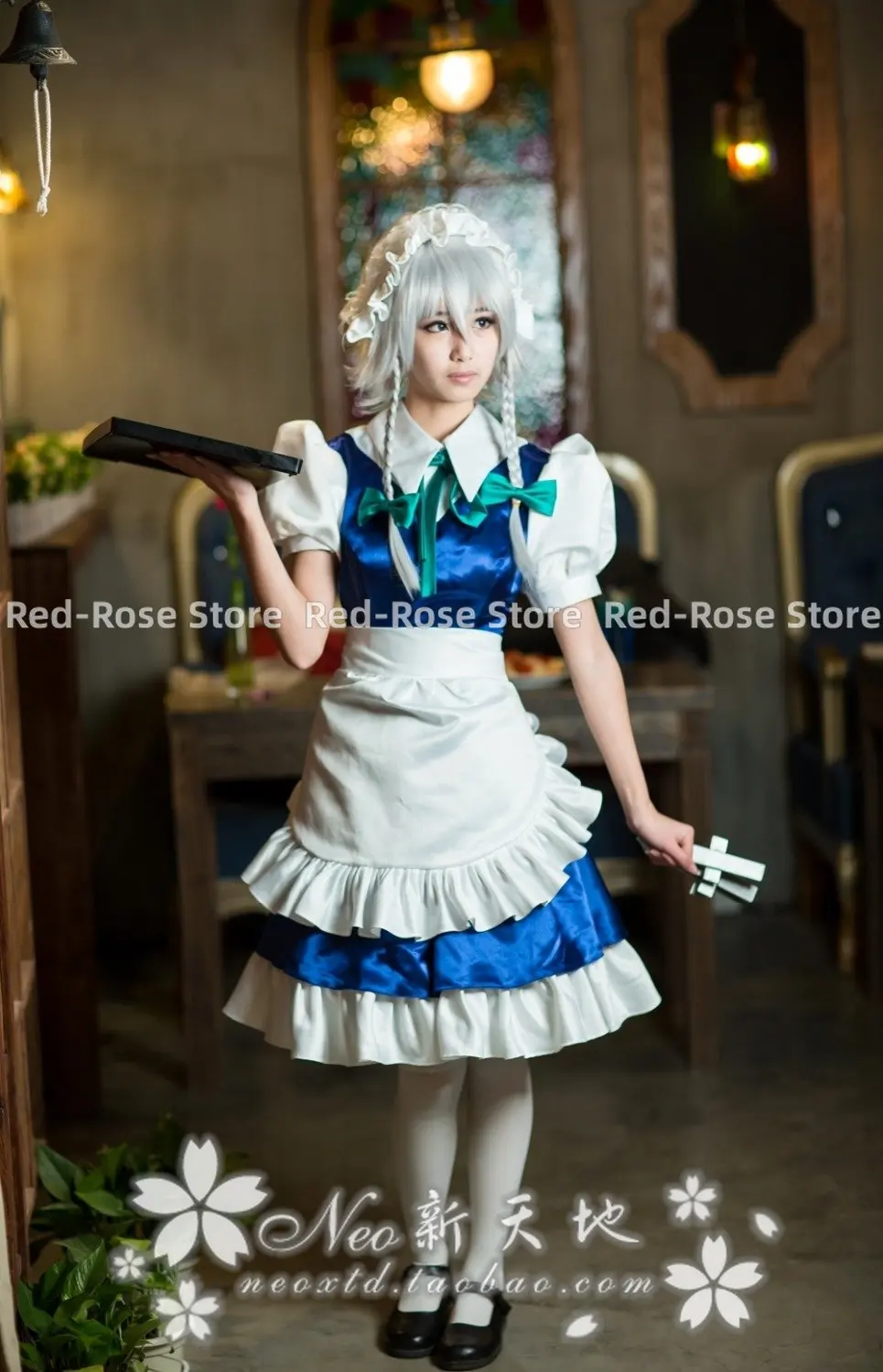 Anime cos Izayoi Sakuya Maid Halloween cosplay Dress woman Maid costume Dress+headwear+bow+apron DF DF