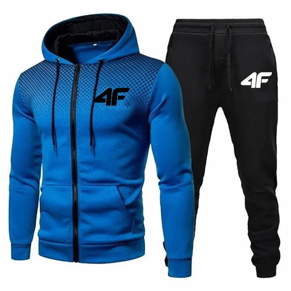 Autumn Winter Mens Tracksuit Jogging Sweatpants 2 Piece Set Sport Zipper Jacket+Running Trousers Suit Casual Printing Clothing