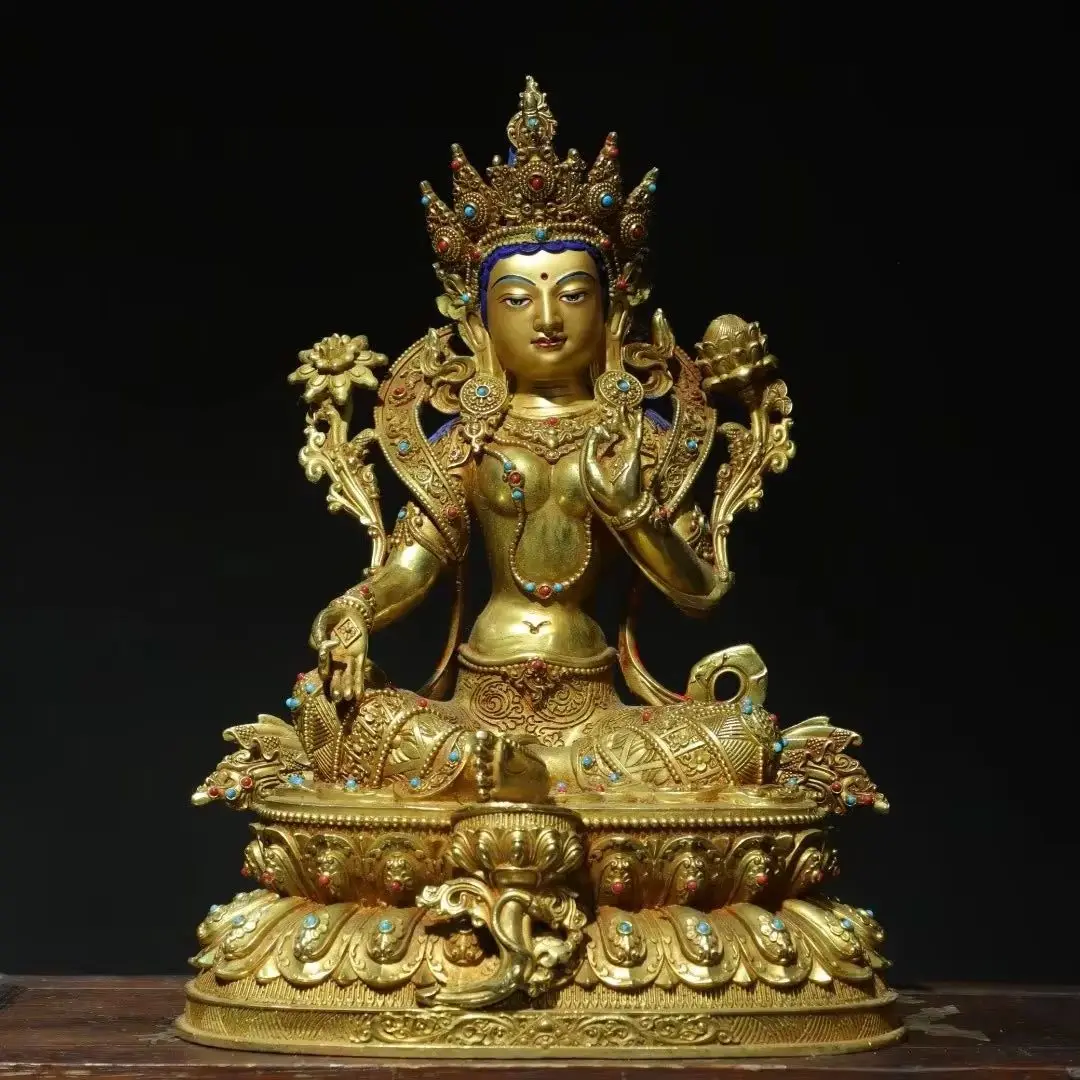 

13"Tibetan Temple Collection Old Bronze Gilded Painted Face Mosaic Gem Green Tara sitting Buddha Lotus Platform Worship Hall