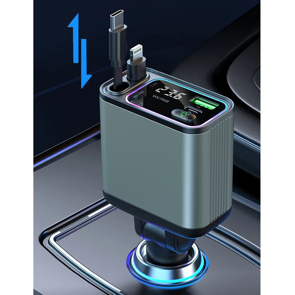 

4 in 1 PD90W Car Charger w/ Retractable Cable USB Type C Port Car Cigarette Lighter Adapter Fast Charge For IPhone Xiaomi Huawei
