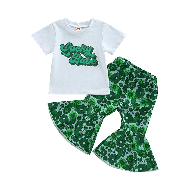 2Pcs Toddler Baby Girls St Patrick s Day Outfit Lucky Charm Shamrock Print Short Sleeve Shirts and Bell Bottom Sets