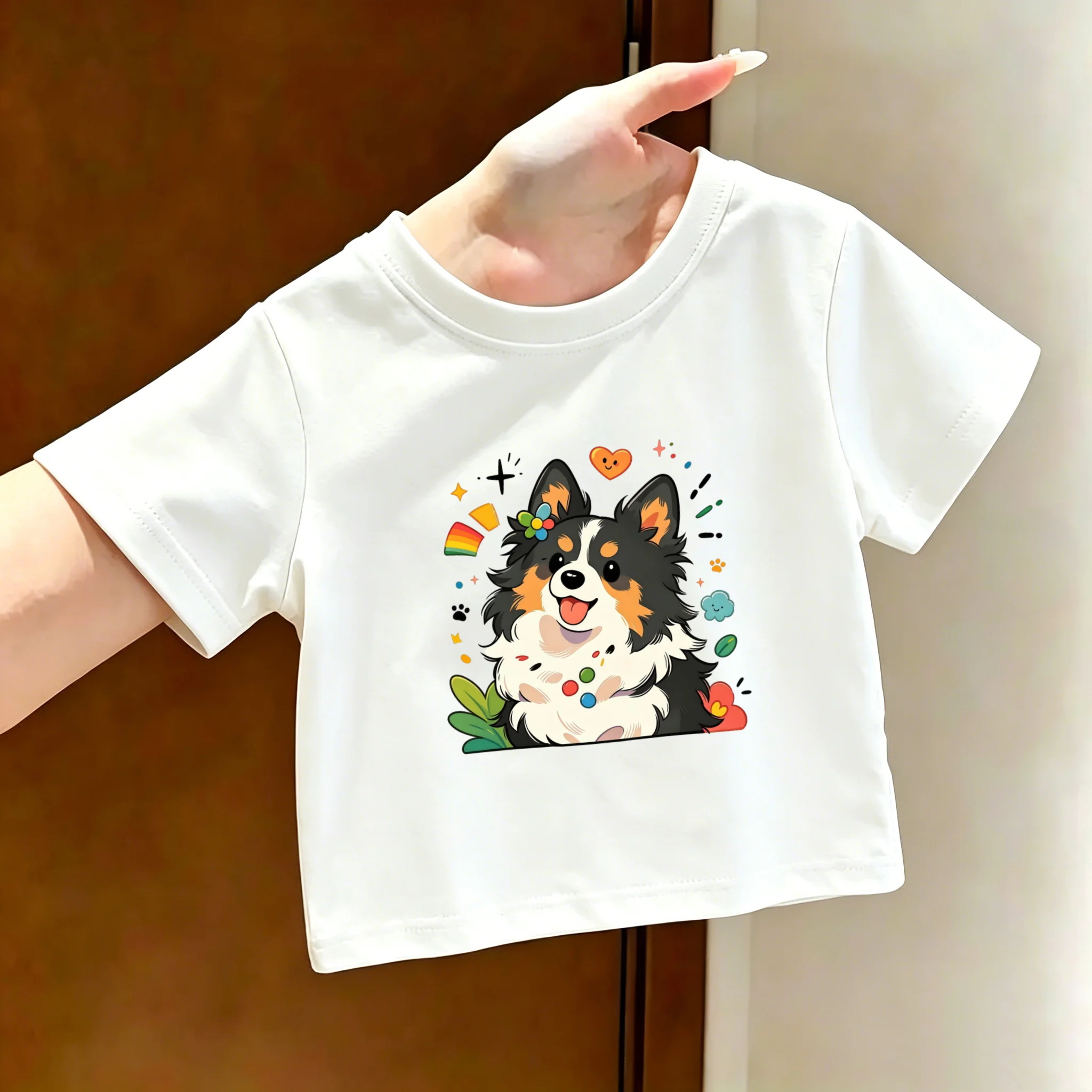 Girls' Cartoon Dog Print Short-sleeved Cotton T-shirt for Summer, Cute and Stylish Dress for Middle-sized Girls and Young Girls