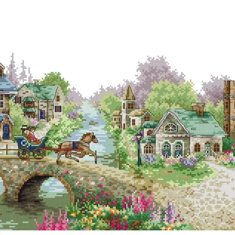 유럽 타운 풍경 패턴 크로스 스티치 키트, DIY 수제 바느질, Aida 14CT 16CT 11CT 화이트 프린트 원단 자수 세트