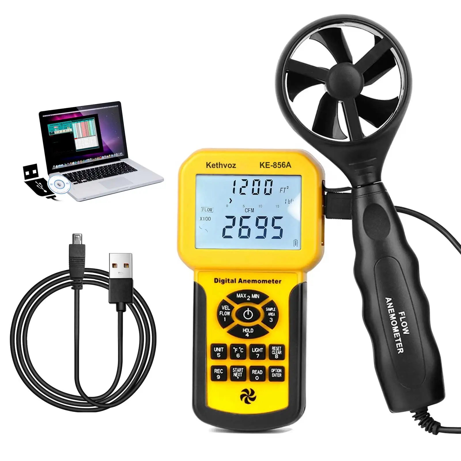 HoldPeak High-precision Digital Wind Speed Air Volume Meter Anemometer USB/Handheld with Data Logger and Carry Case
