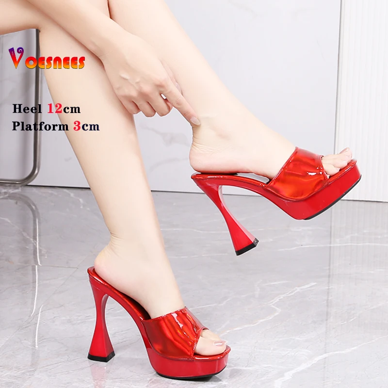 New 2024 Red Laser Club Platform Sandals Women Sexy Open Toe One Broadband Slip-On 12CM Thick High Heel Shoe Outdoor Slippers