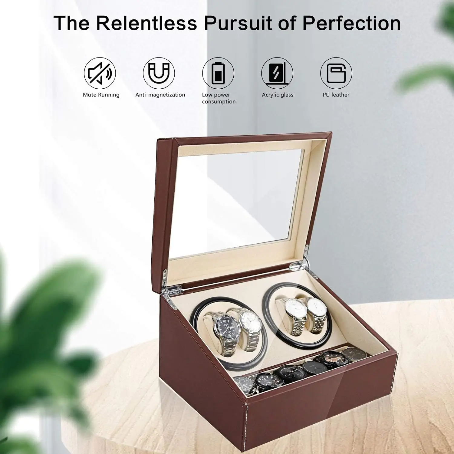 Automatic Watch Winder Storage Box for 4-6 Watches, Display Case with PU Leather