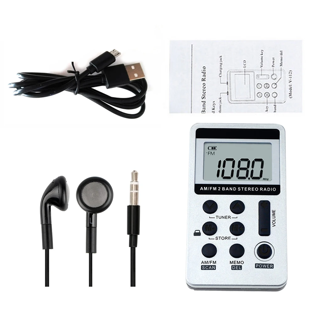 HanrongDa-Rádio FM Digital Portátil, Receptor Estéreo 2 Banda, Rádio de Bolso com Fones De Ouvido, Tela LCD, Bateria Lanyard, HRD-103