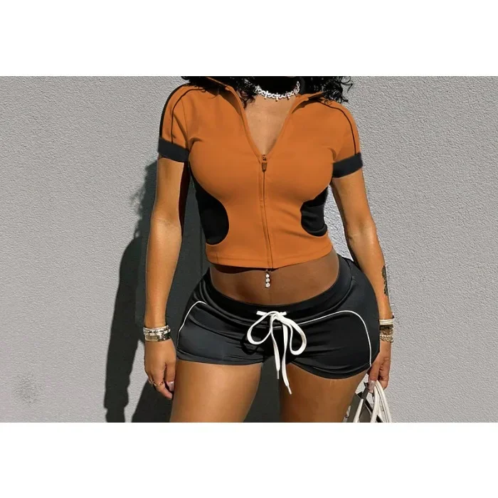 

2 Piece Sets Shorts Women Slim Fit and Slimming Patchwork Sports Short Sleeved Top and Half Pants Suit Female 2025 Summer New