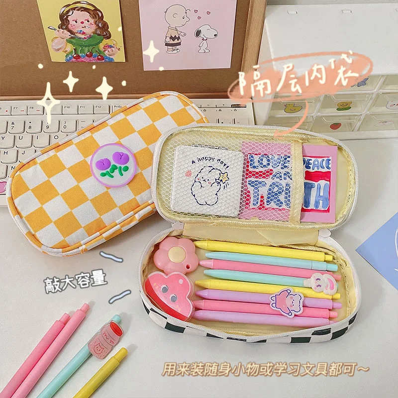 Kawaii Bear Rabbit Cartoon Checkerboard Large Capacity Pencil Case Korean Stationery Storage Bag School Stationery Bag