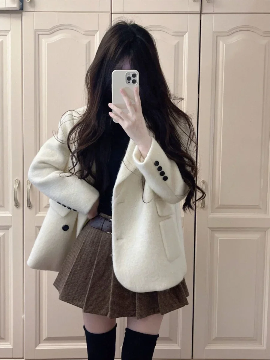 High-end Sense Women's Woolen Coat Jacket 2024 Autumn and Winter Thick Elegant Beige Loose Socialite Girl Suit Woolen Coat Top