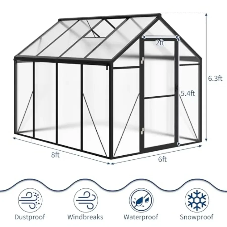 Feet house for Outdoors, Large Walk-in Polycarbonate house Kit, Aluminum Frame, Lockable Door, Roof Vent, Ground Spikes, for Ga