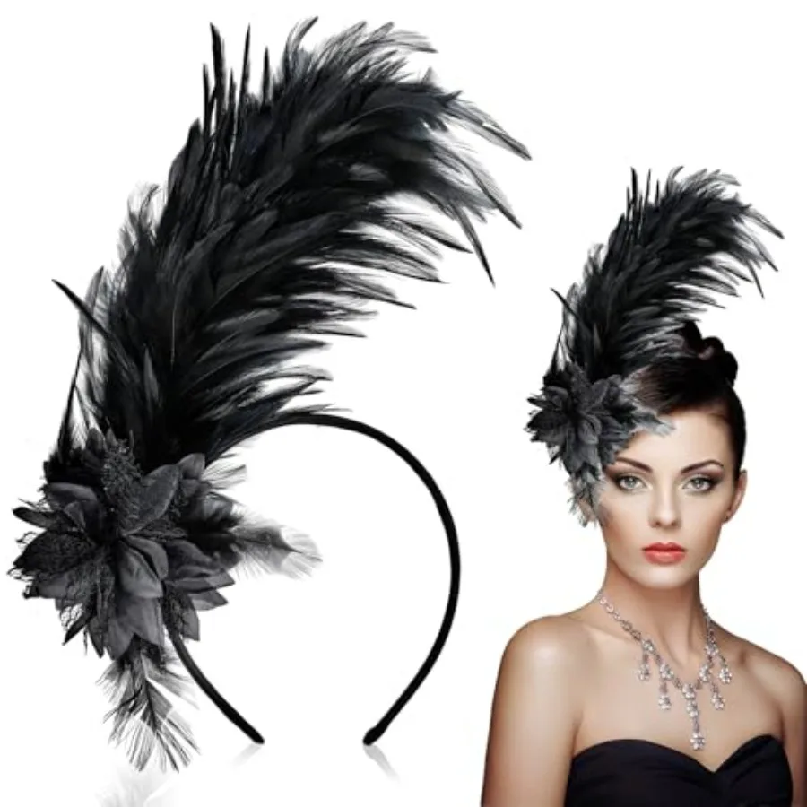 

ElevateTech 1920s Feather Fascinator Headband Black Fascinators Hats Headband Tea Party Flower Headpiece Accessories Girl Hallo