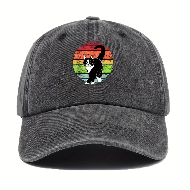 Women'S Retro 80S Black Suit Cat Baseball Cap, White Suit Cat And Multicolor Stripe Design - Suitable for Cat Lovers, Fitness An