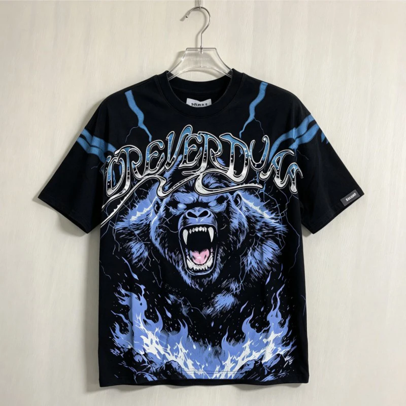 Lightning Beast Hotfix Rhinestone Gradient Letter Logo DUAA Tshirts Summer Hiphop Streetwear Men Women Round Neck Short Sleeve
